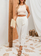 Blaire - Cotton Capri Pants with Lace Hem, Drawstring Waist, Pockets and Loose Fit