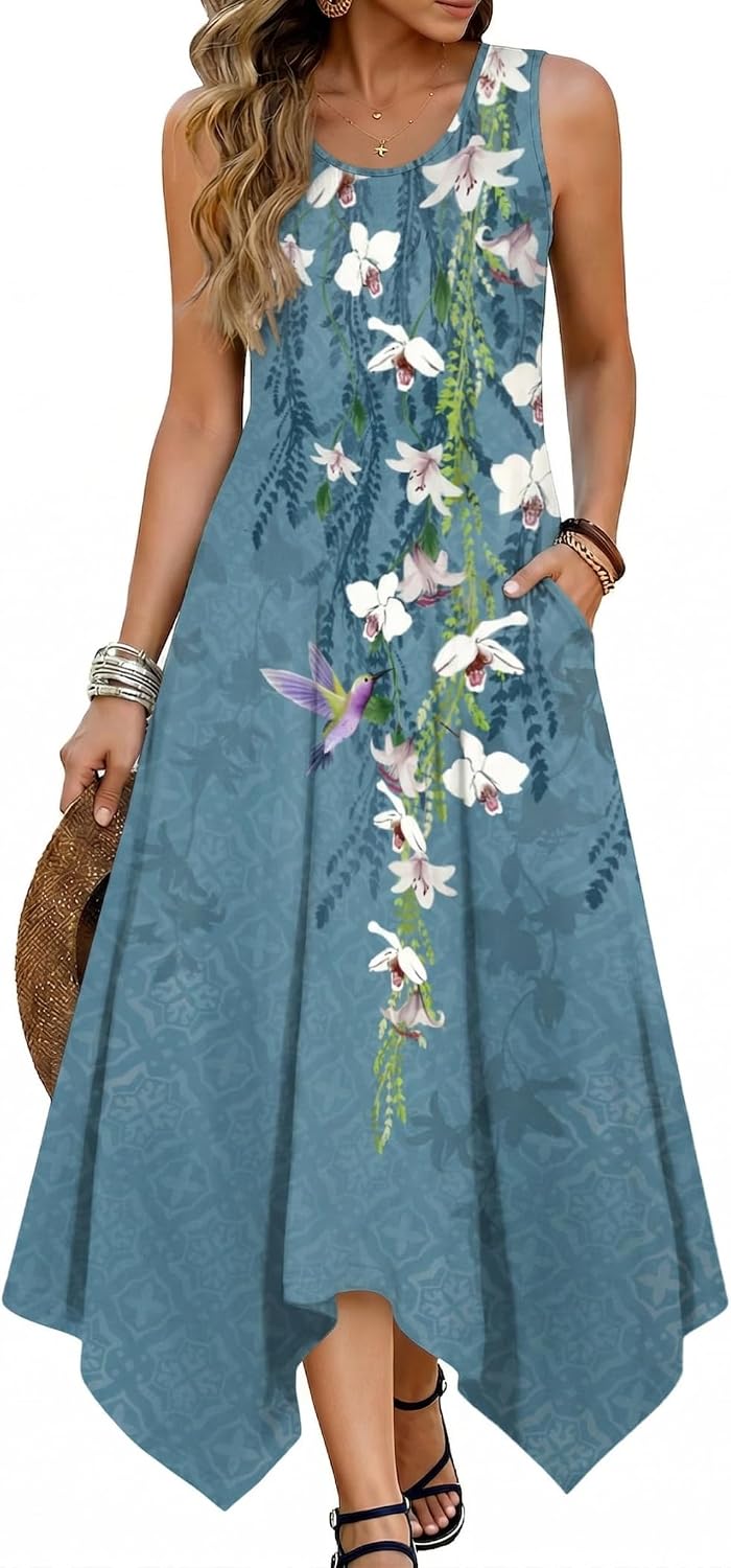 Avelisse Women's Bohemian Floral Handkerchief Midi Dress with Pockets