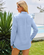 Margarita - Linen Blend Long Sleeve Button Down Shirt with Pocket Casual Summer Blouse