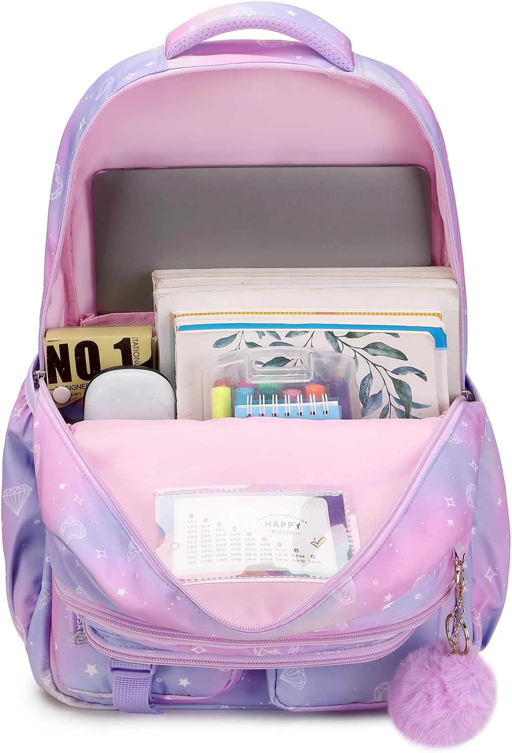 Klara Girls 21.8L Pastel School Backpack with 15-Inch Laptop Sleeve and Pom-Pom Charm