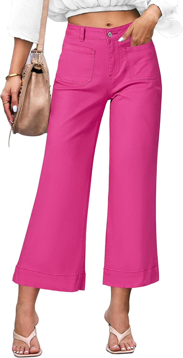 Corinne Women's High-Waisted Cropped Wide Leg Denim Jeans with Patch Pockets