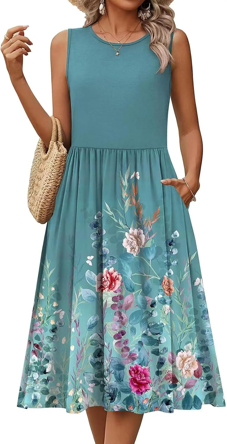 Evangeline Women's Sleeveless Botanical Print A-Line Midi Dress with Pockets