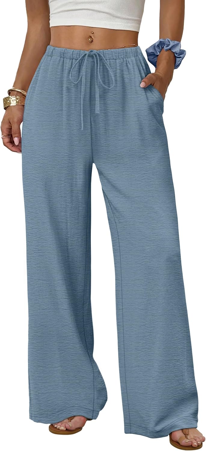 Eliska Wide Leg Drawstring Summer Trousers with Elastic Waist and Side Pockets