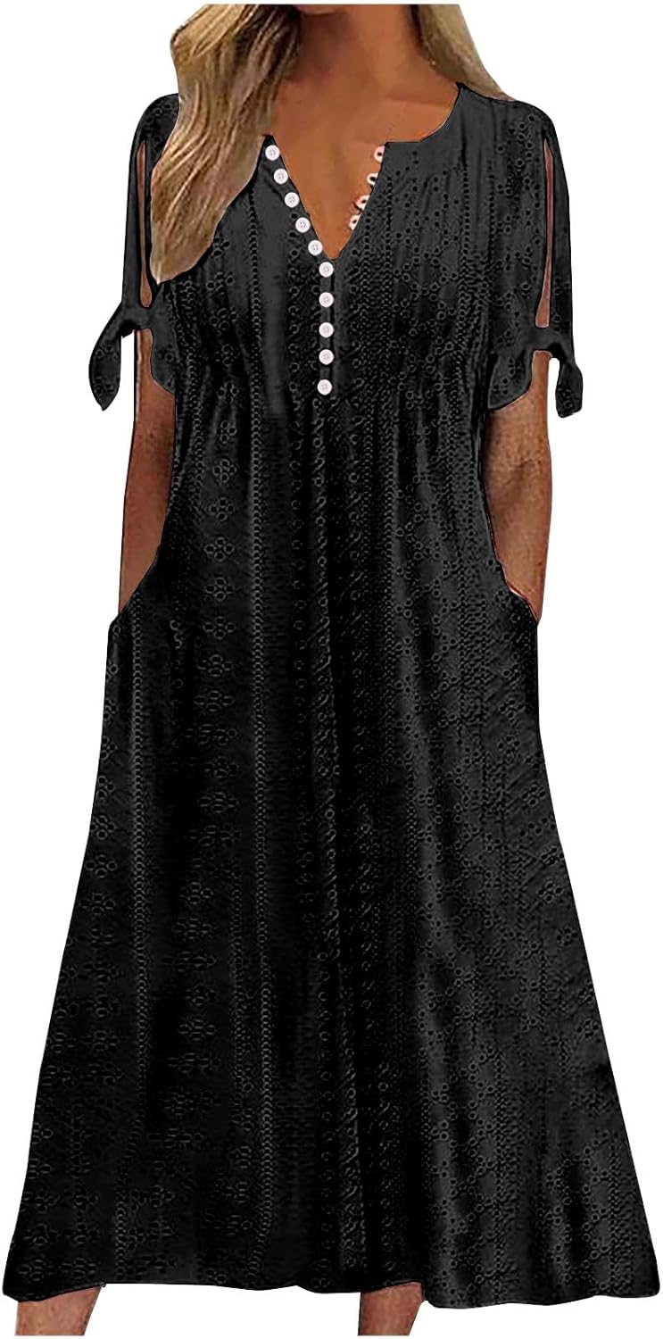 Elowyn Women's Eyelet Midi Dress with V-Neck, Decorative Buttons & Pockets