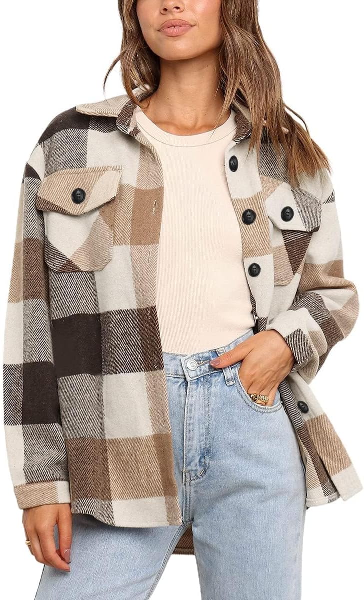 Raymond Women's Plaid Shacket – Relaxed Silhouette, Button-Up Front & Front Handy Chest Pockets