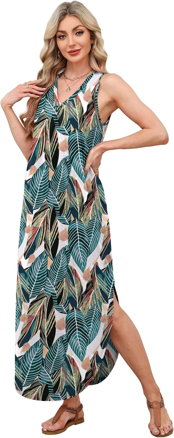 Ariella Women's Tropical Leaf Print Sleeveless Maxi Dress with V-Neck, Side Slit & Pockets