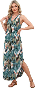 Ariella Women's Tropical Leaf Print Sleeveless Maxi Dress with V-Neck, Side Slit & Pockets