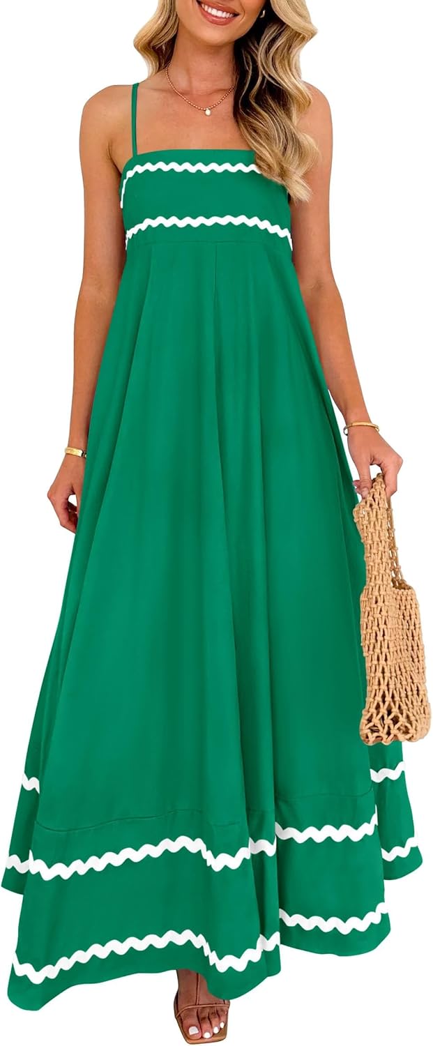 Elowyn Women's Square Neck Maxi Dress with Smocked Back, Ruffle Hem & Pockets