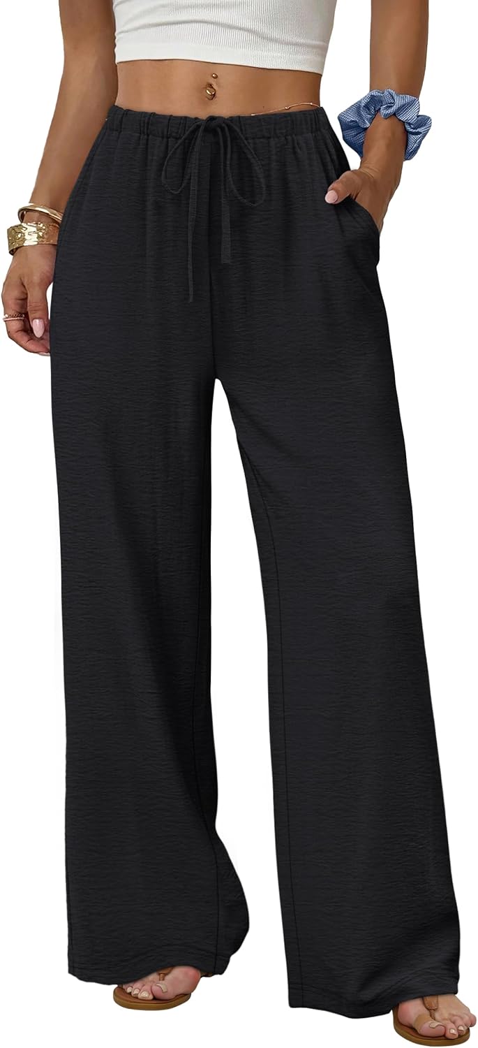 Eliska Wide Leg Drawstring Summer Trousers with Elastic Waist and Side Pockets