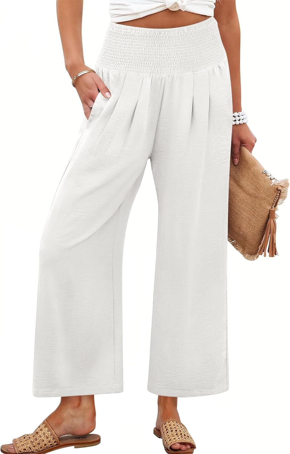 Lisette Women's High-Waisted Wide Leg Palazzo Pants with Smocked Waist & Pockets
