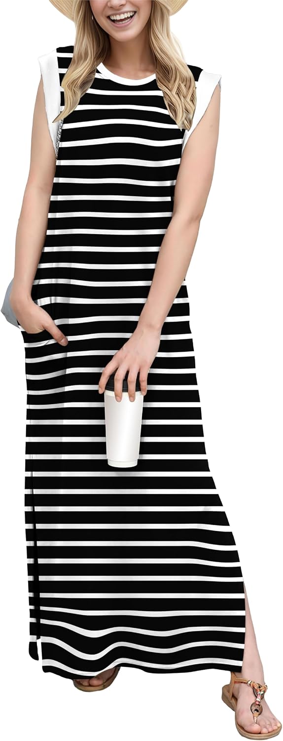 Coralie Women's Sleeveless Maxi Dress with Side Slit, Pockets & Wrinkle-Resistant Fabric