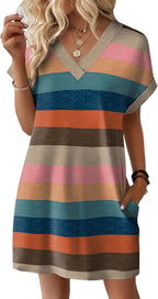 Elara Women's Casual V-Neck Midi T-Shirt Dress with Cuffed Sleeves & Side Pockets