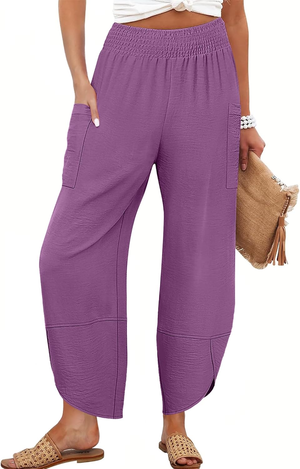 Maëlys Women's Smocked Waist Barrel Leg Cropped Pants with Utility Pockets