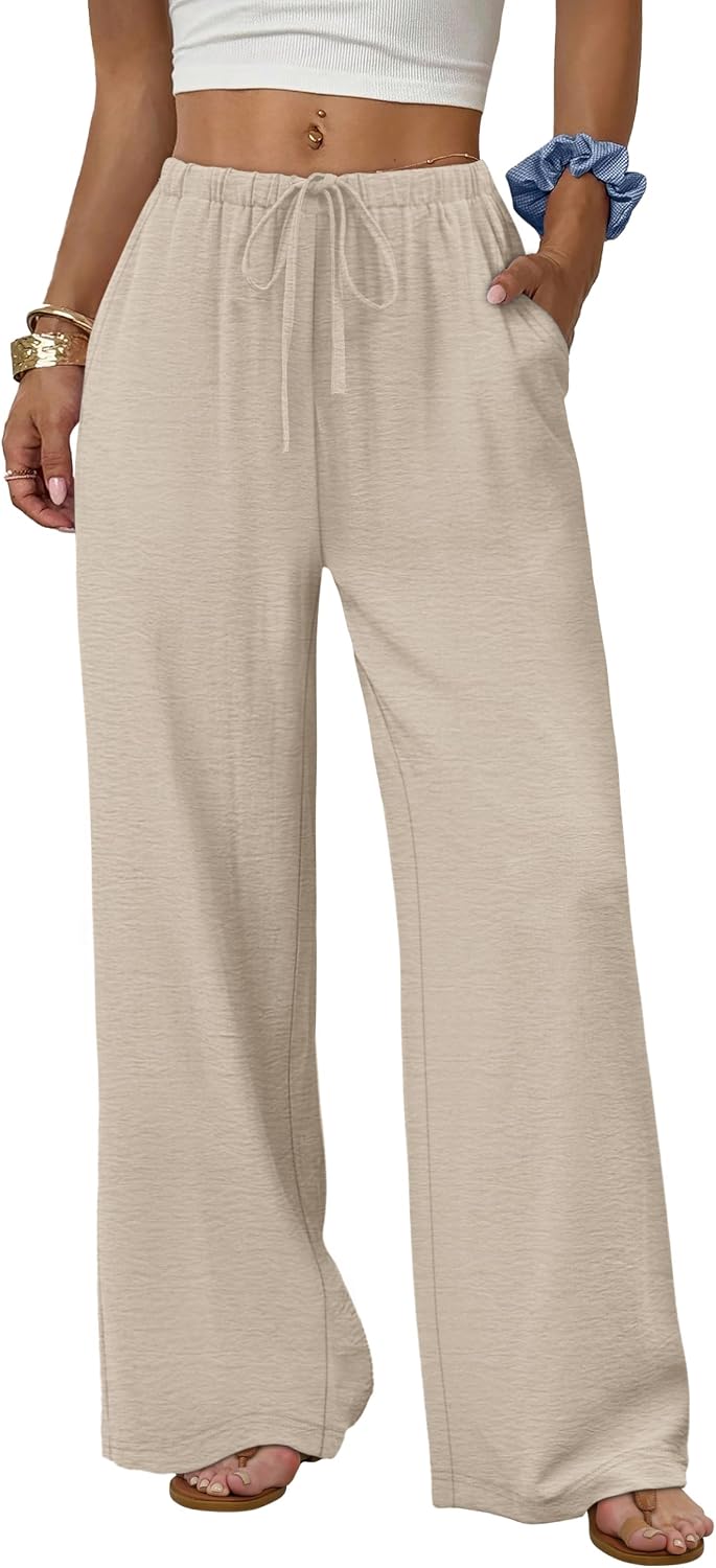 Eliska Wide Leg Drawstring Summer Trousers with Elastic Waist and Side Pockets