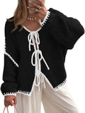 Whitney Women's Cable Knit Cardigan – Tie Front, Puff Sleeves & Roomy Fit