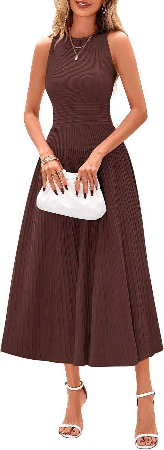 Elise Women's Pleated A-Line Midi Dress with Sleeveless Crew Neck & High Waist
