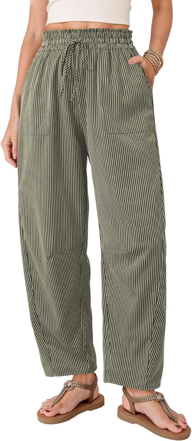 Sheila Women's Striped Barrel-Leg Trousers – Paper-Bag Waist, Drawstring & Handy Pockets