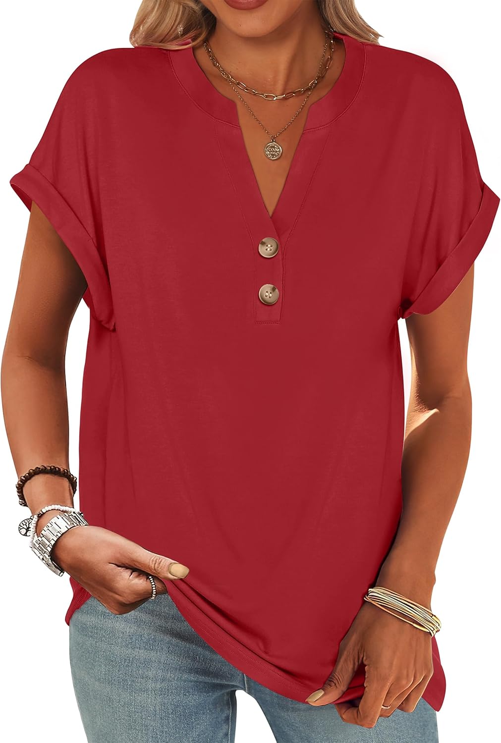 Colette Women's Henley V-Neck Tunic Top with Short Sleeves & Button Detail