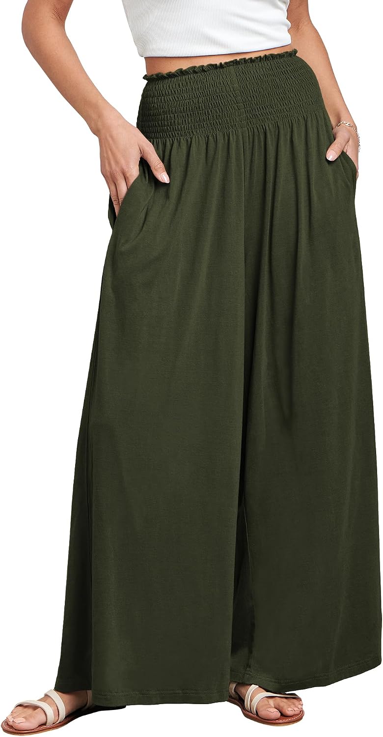 Fatima - Smocked High Waist Wide Leg Palazzo Pants with Pockets and Relaxed Fit