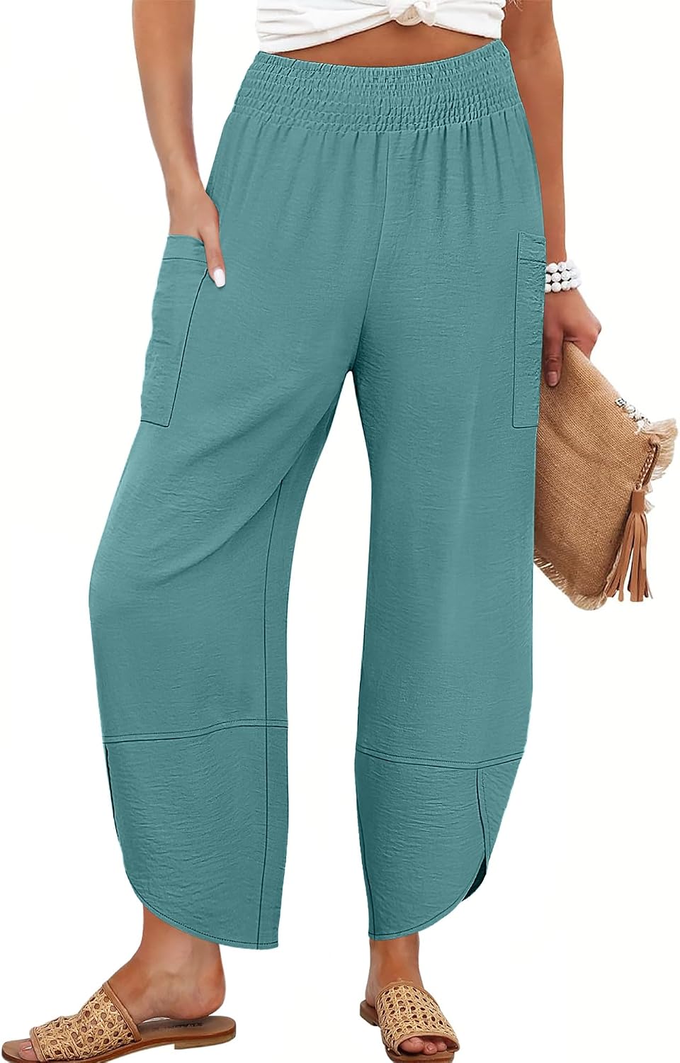 Maëlys Women's Smocked Waist Barrel Leg Cropped Pants with Utility Pockets