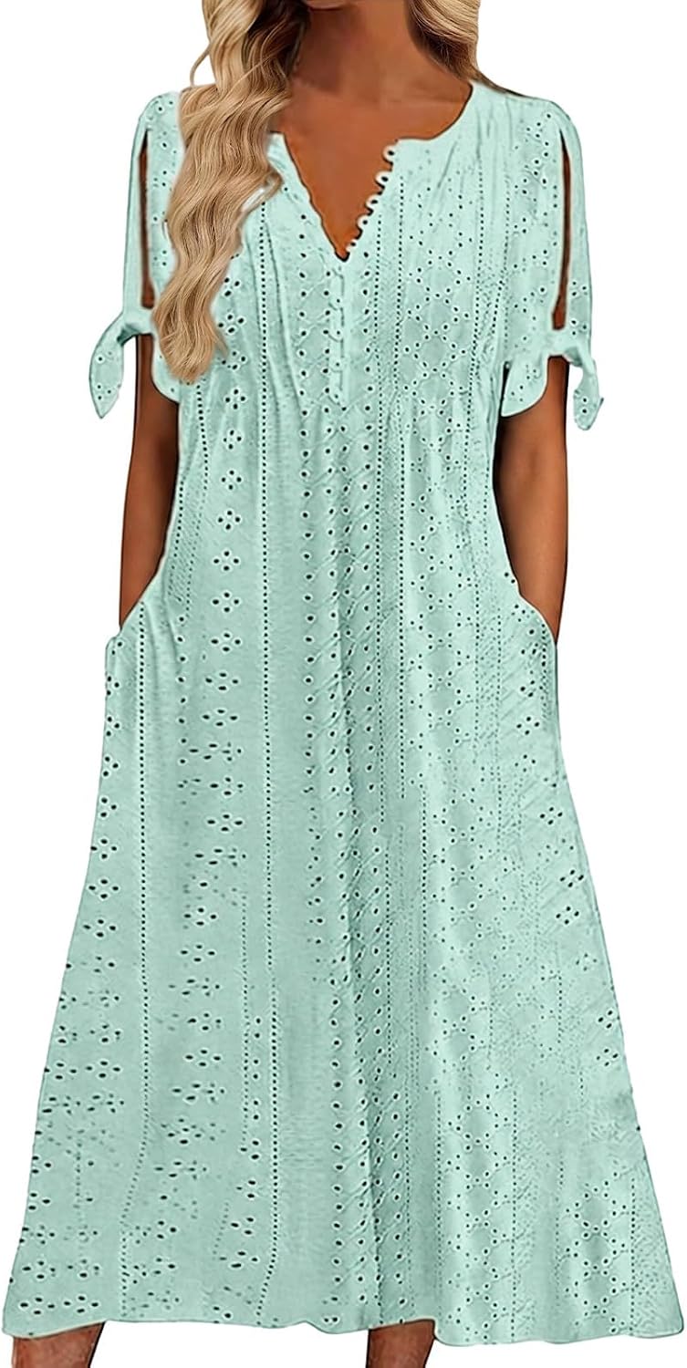 Maren Women's Eyelet V-Neck Maxi Dress with Tie Sleeves and Pockets