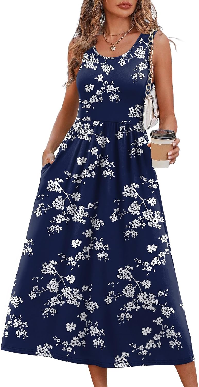 Kianna Printed Sleeveless A-Line Midi Dress with Empire Waist, Pockets & Summer Fit