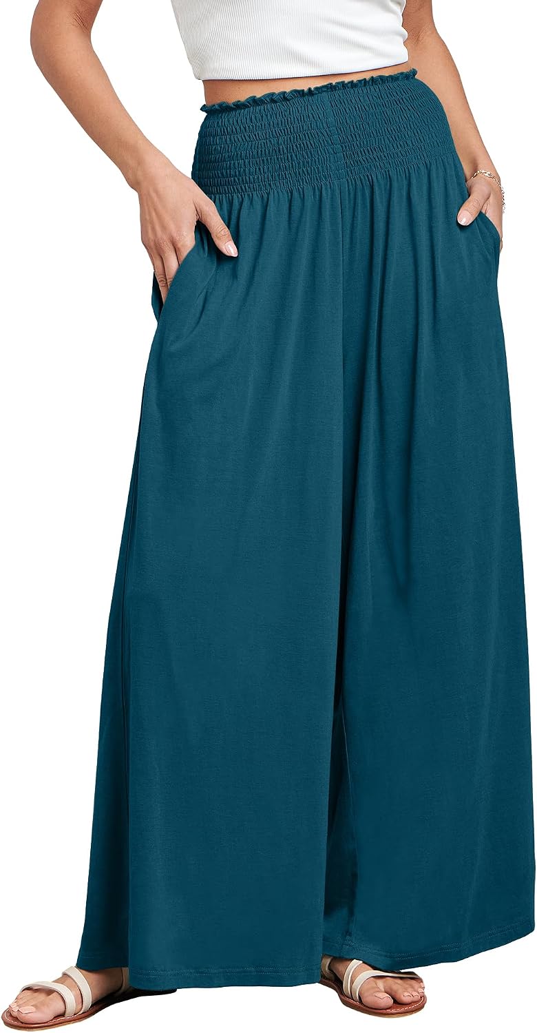 Fatima - Smocked High Waist Wide Leg Palazzo Pants with Pockets and Relaxed Fit
