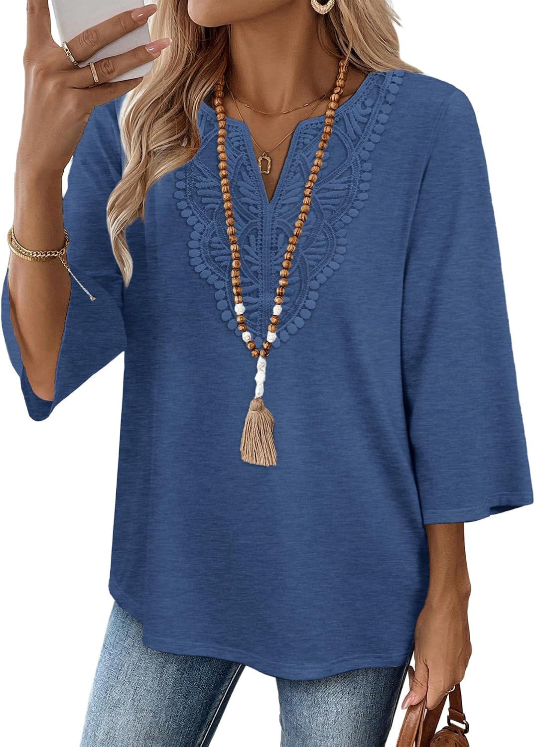 Elowise Women's Boho V-Neck Lace Blouse with 3/4 Sleeves & Curved Hem