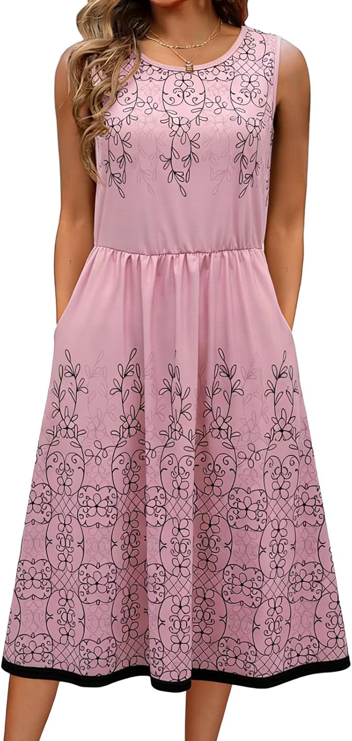Evangeline Women's Sleeveless Botanical Print A-Line Midi Dress with Pockets