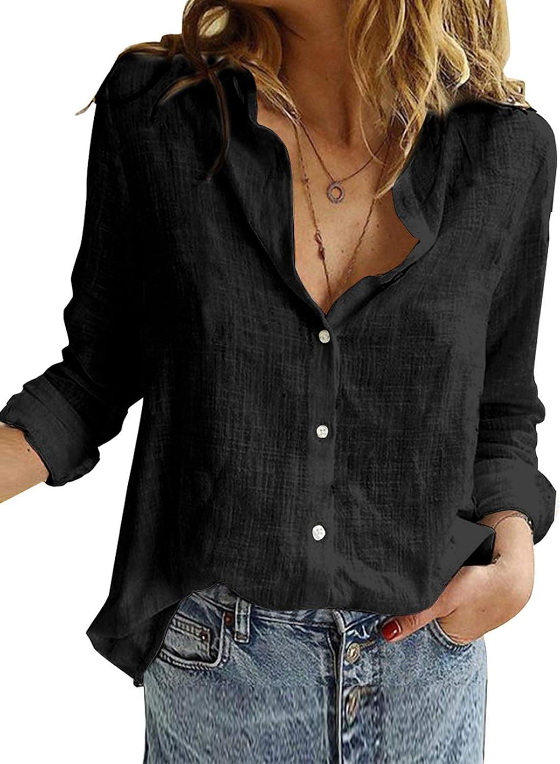 Astrid Linen Blend Roll-Up Sleeve Button-Down V-Neck Casual Women's Everyday Blouse