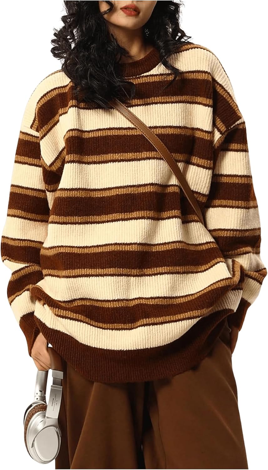 Miles Women's Striped Sweater – Round Neckline, Dropped-Shoulder Design & Loose Silhouette