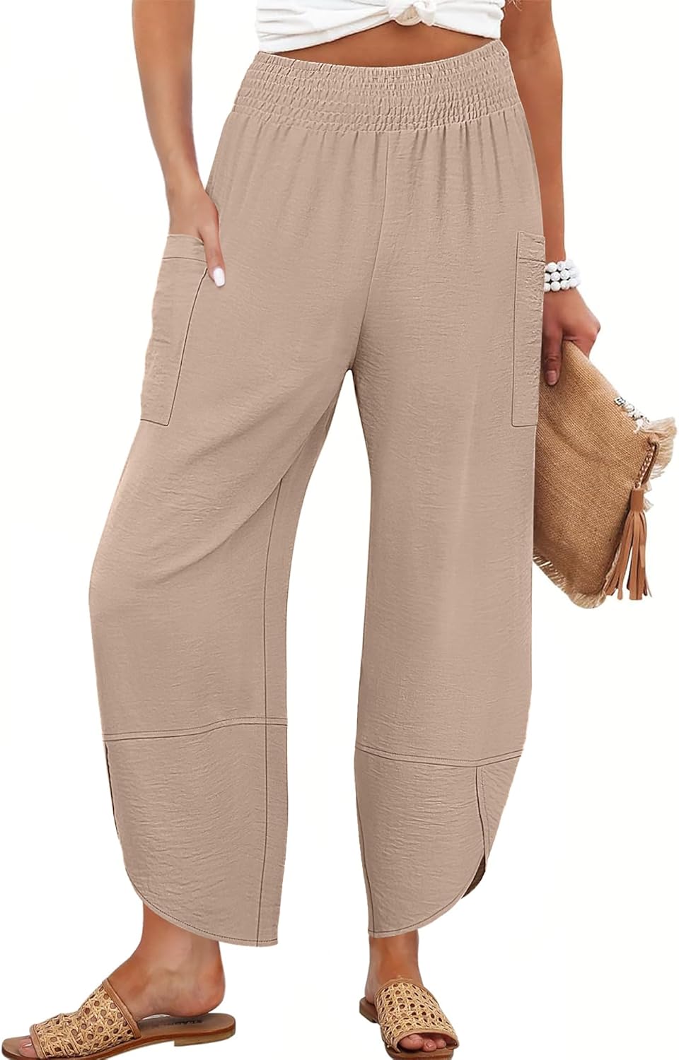 Maëlys Women's Smocked Waist Barrel Leg Cropped Pants with Utility Pockets