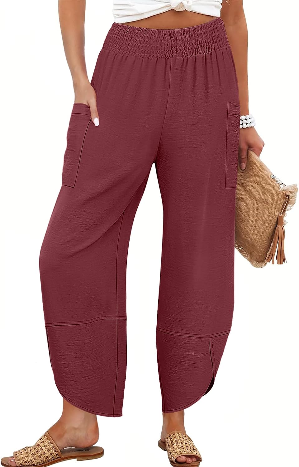 Maëlys Women's Smocked Waist Barrel Leg Cropped Pants with Utility Pockets