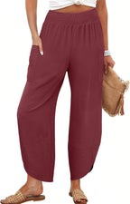 Maëlys Women's Smocked Waist Barrel Leg Cropped Pants with Utility Pockets