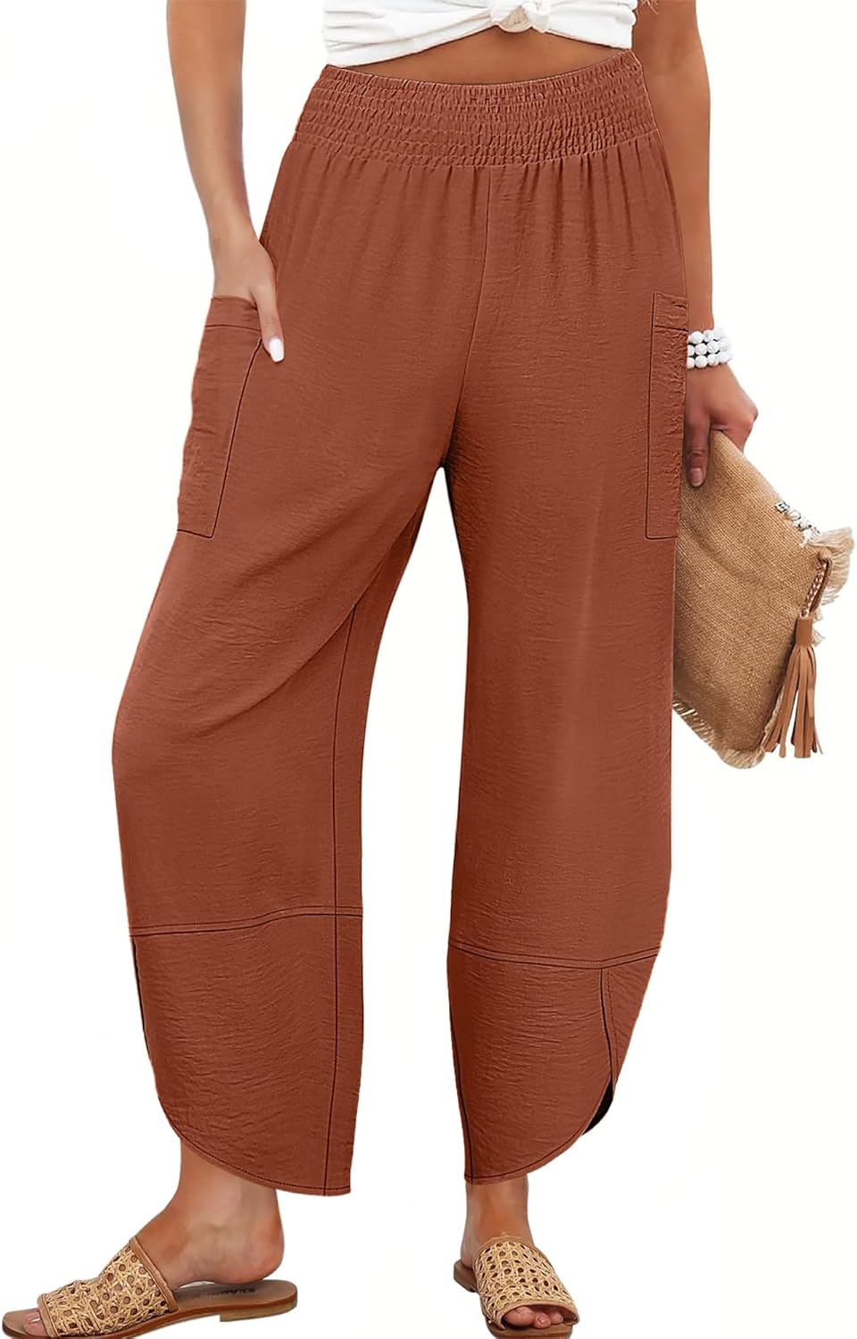 Maëlys Women's Smocked Waist Barrel Leg Cropped Pants with Utility Pockets
