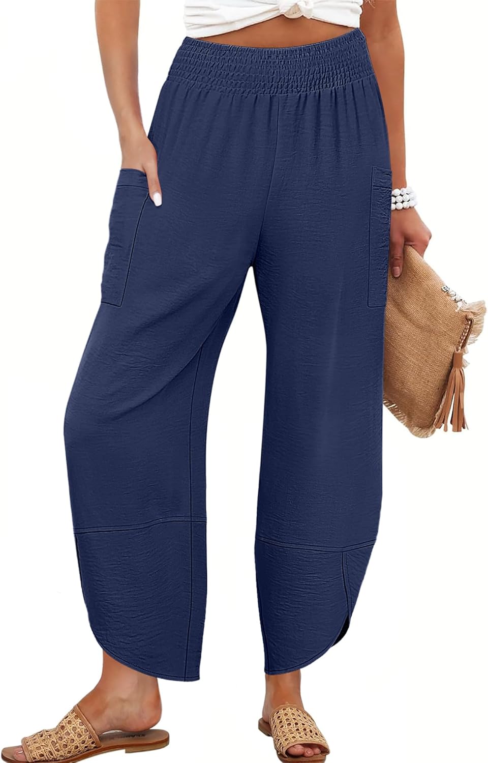Maëlys Women's Smocked Waist Barrel Leg Cropped Pants with Utility Pockets