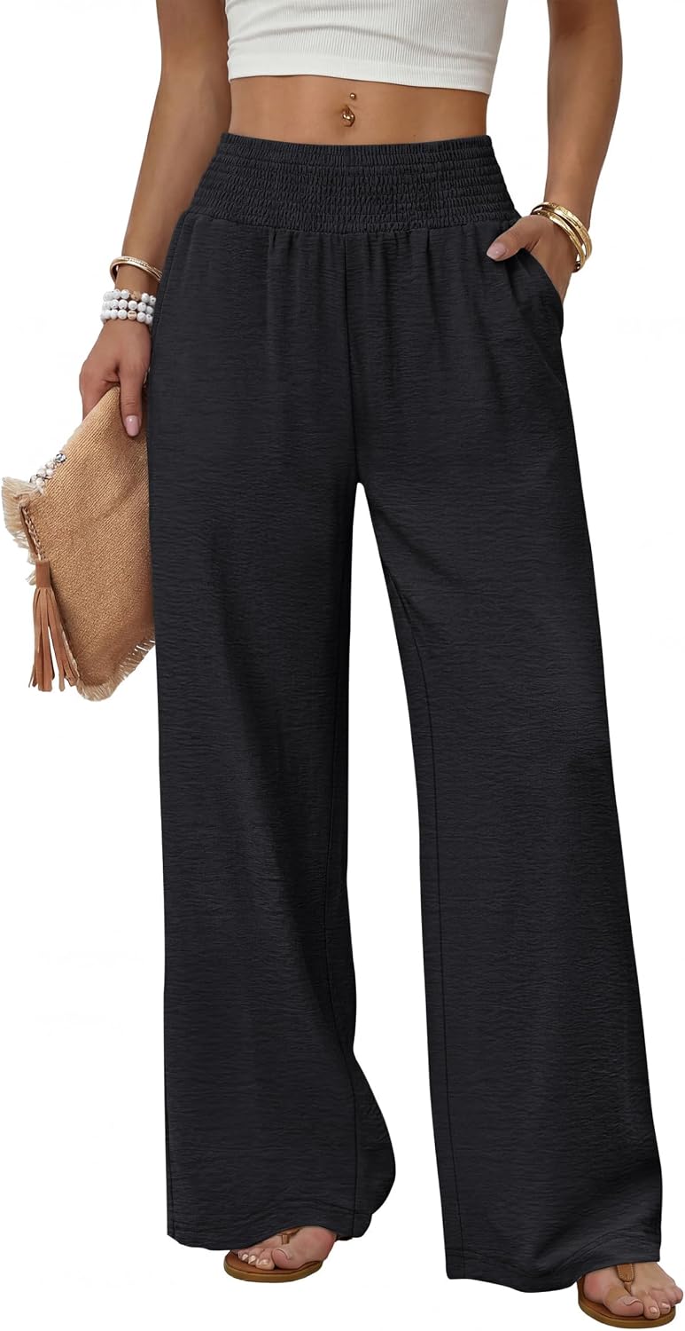 Solenne Women's High-Waisted Wide Leg Lounge Pants with Smocked Waist & Pockets