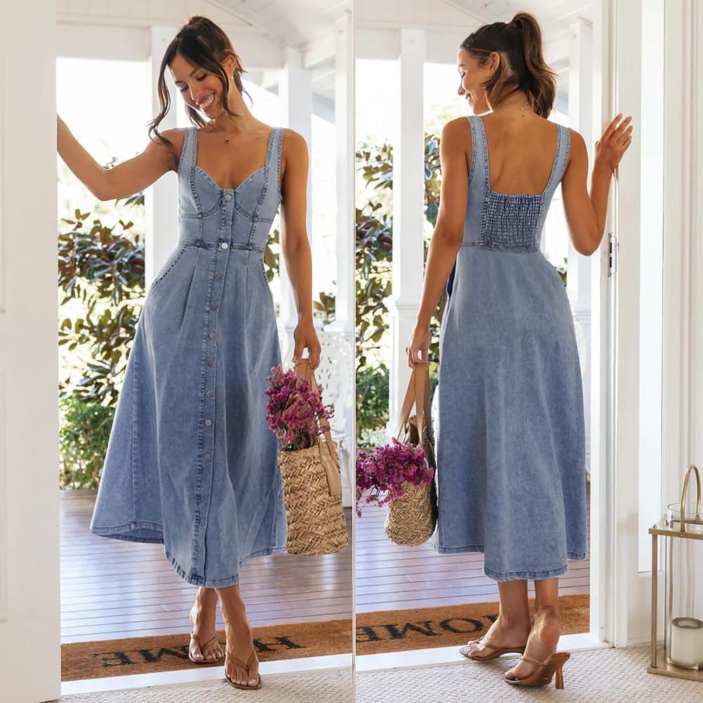 Delphine Women's Sleeveless Button-Front Denim Midi Dress with Smocked Back & A-Line Skirt