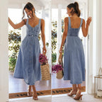 Delphine Women's Sleeveless Button-Front Denim Midi Dress with Smocked Back & A-Line Skirt