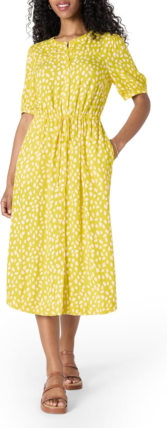 Sylviane Women's Button-Front Midi Dress with Drawstring Waist & Half Sleeves