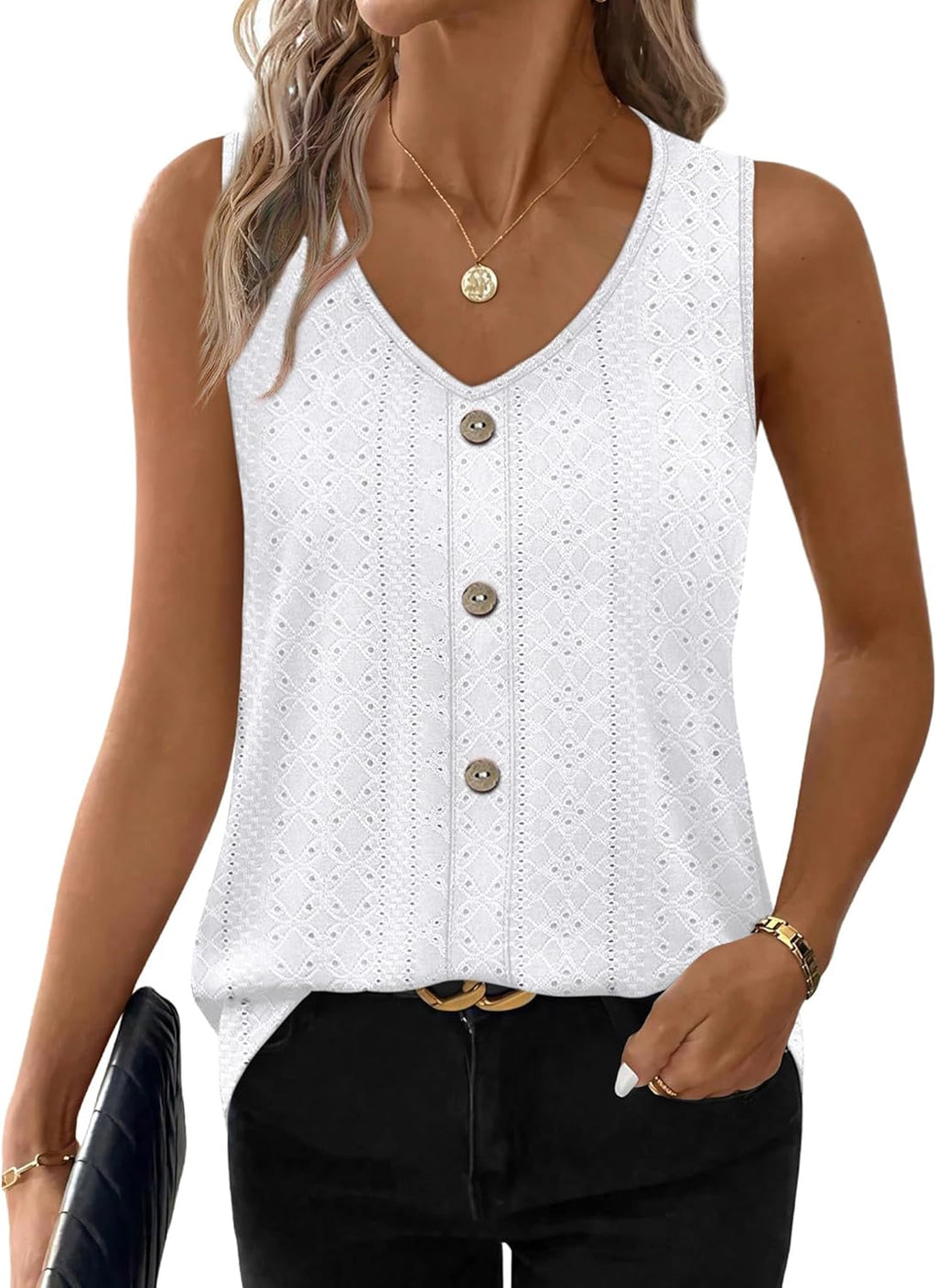 Aurette Women's Eyelet V-Neck Tank Top with Relaxed Sleeveless Silhouette