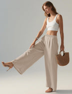 Seraphina Linen Blend Wide Leg Summer Trousers with Elastic Waist and Side Pockets