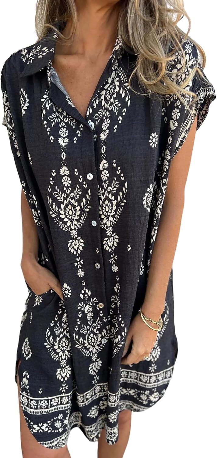 Kyla Printed Linen Shirt Dress – Button-Up Short Sleeve Mini Dress with Pockets
