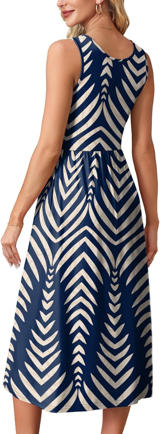 Kianna Printed Sleeveless A-Line Midi Dress with Empire Waist, Pockets & Summer Fit