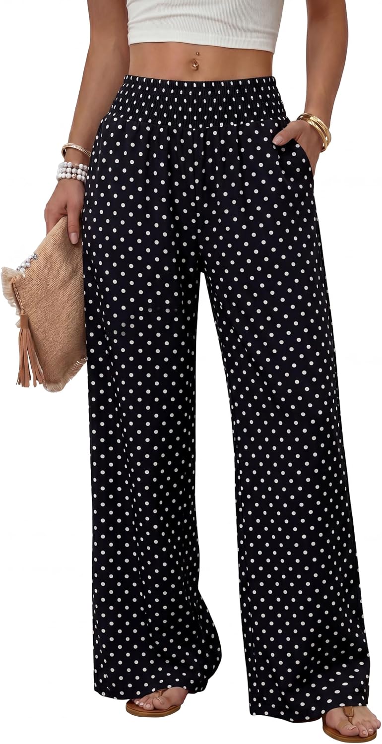 Solenne Women's High-Waisted Wide Leg Lounge Pants with Smocked Waist & Pockets