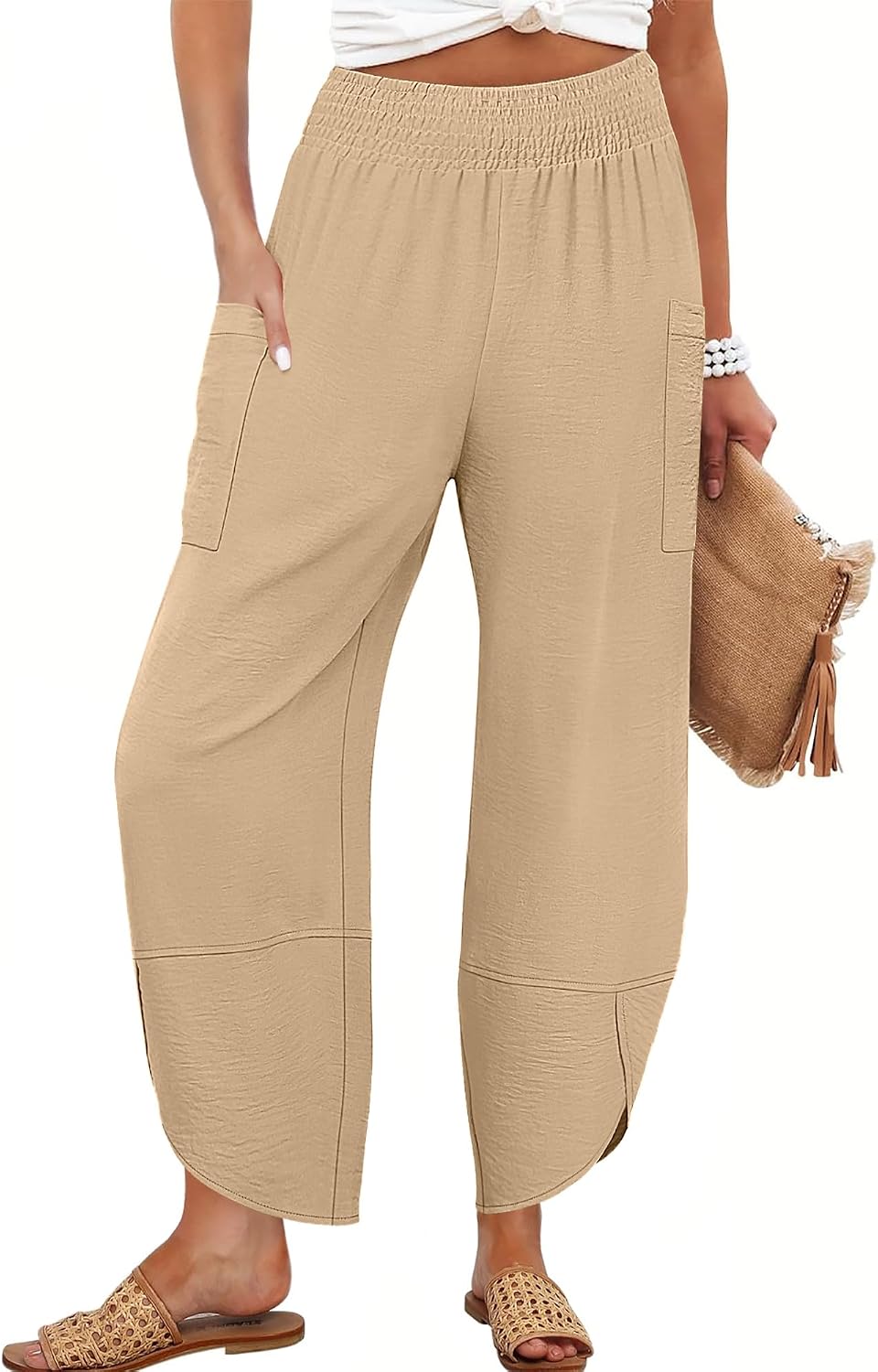 Maëlys Women's Smocked Waist Barrel Leg Cropped Pants with Utility Pockets