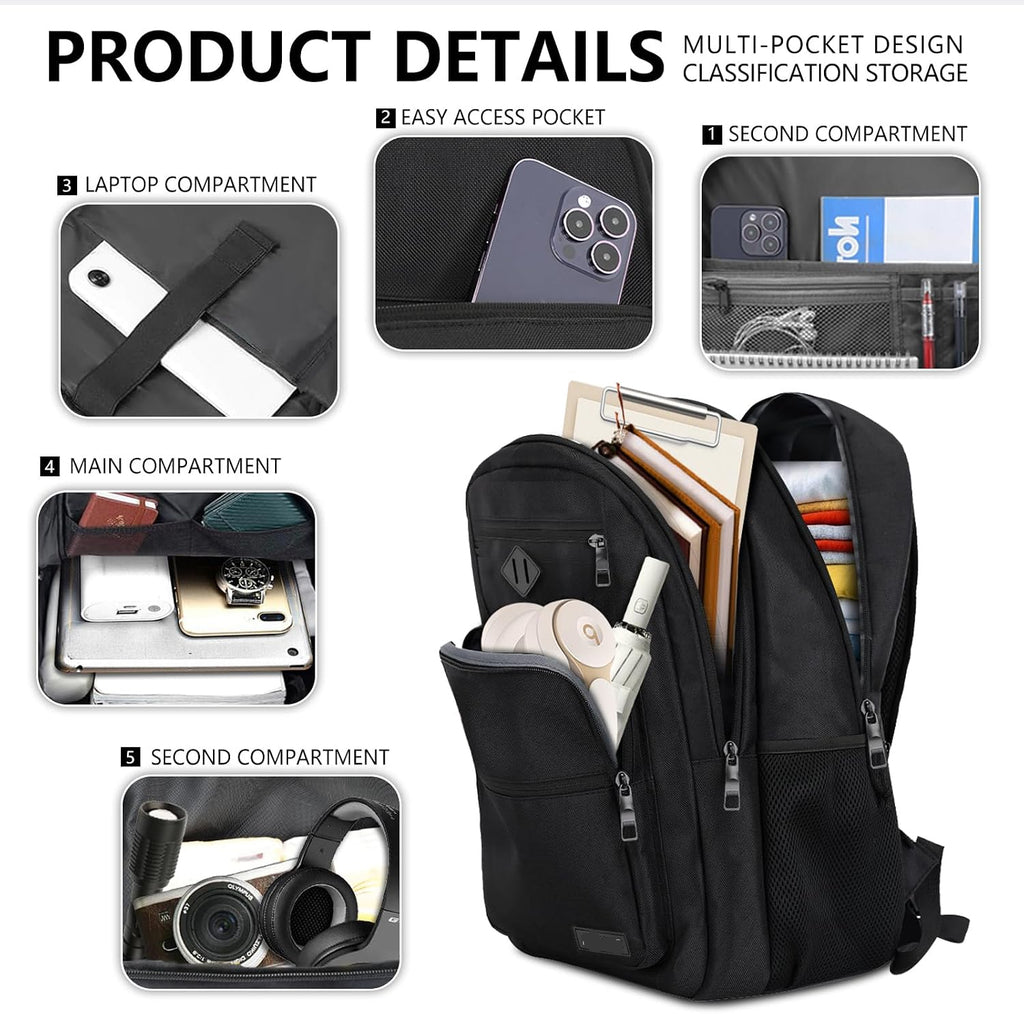 Jasper 30L Black Laptop Backpack with Anti-Theft Pocket and Padded Travel Straps