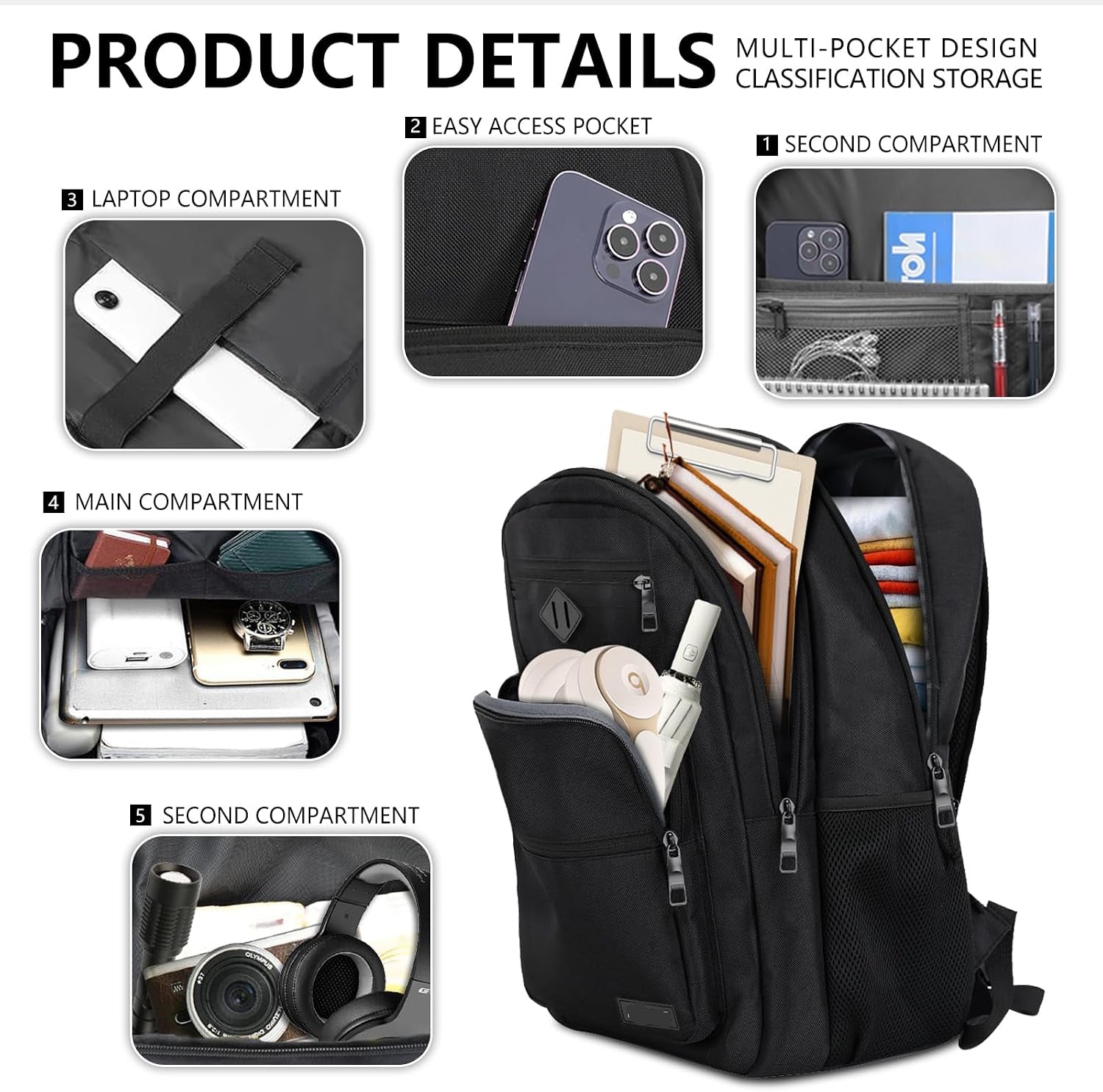 Jasper 30L Black Laptop Backpack with Anti-Theft Pocket and Padded Travel Straps