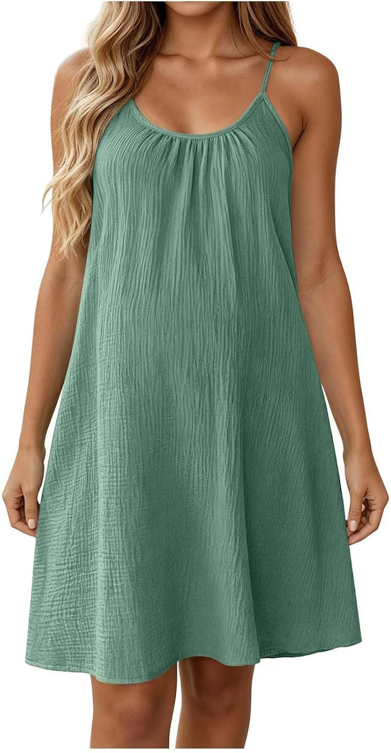 Amélie Cotton Linen Swing Dress – Sleeveless Spaghetti Strap Mini Sundress