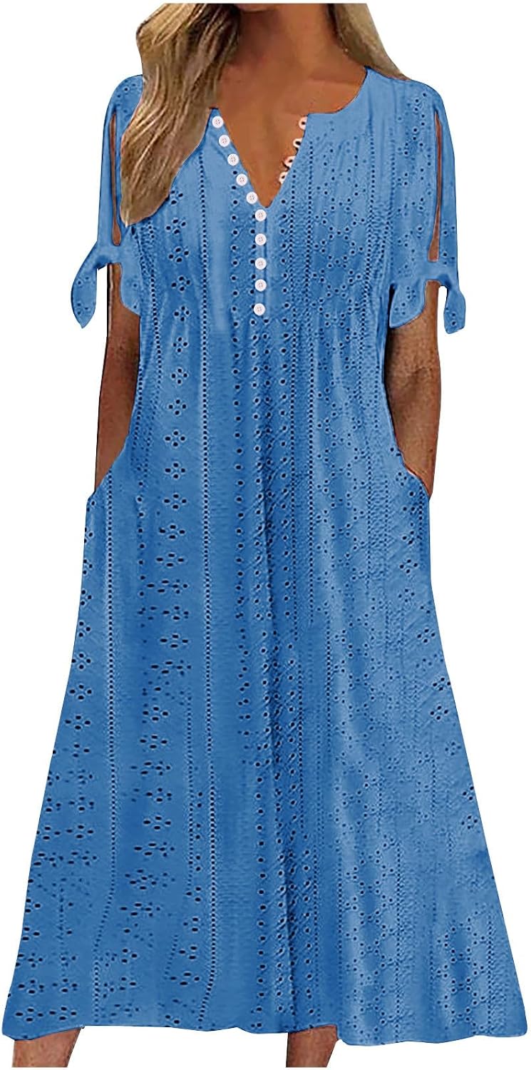 Elowyn Women's Eyelet Midi Dress with V-Neck, Decorative Buttons & Pockets